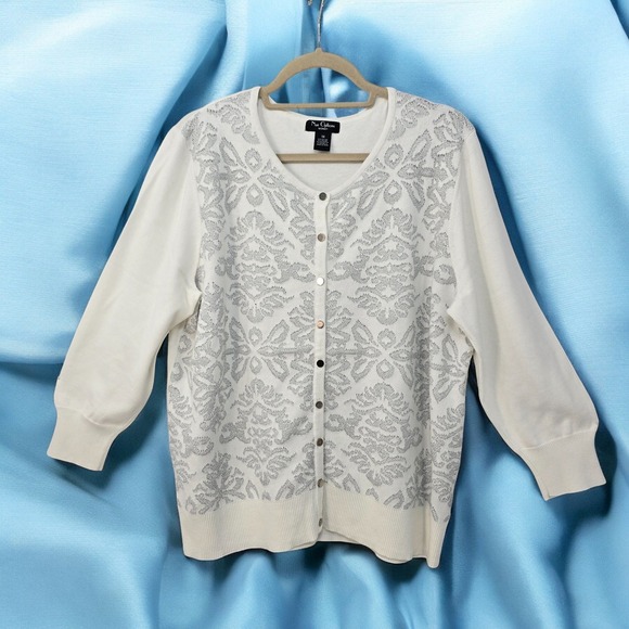 Nue Options Cardigan Sweater Silver Metallic Detail Button Front Woman 1X Dressy - Picture 1 of 9